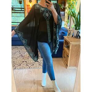 Monoreno black and blue embroidered boho sheer blouse